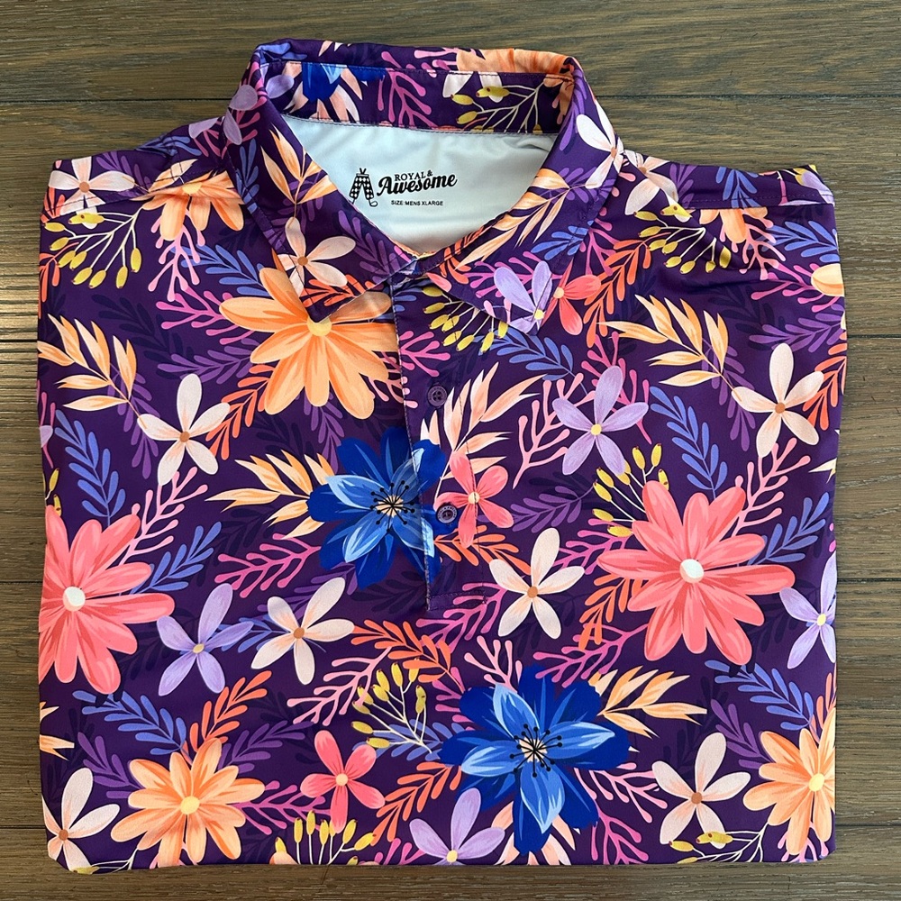 Royal Awesome Floral Patterned Men's Polo Shirt Size XL